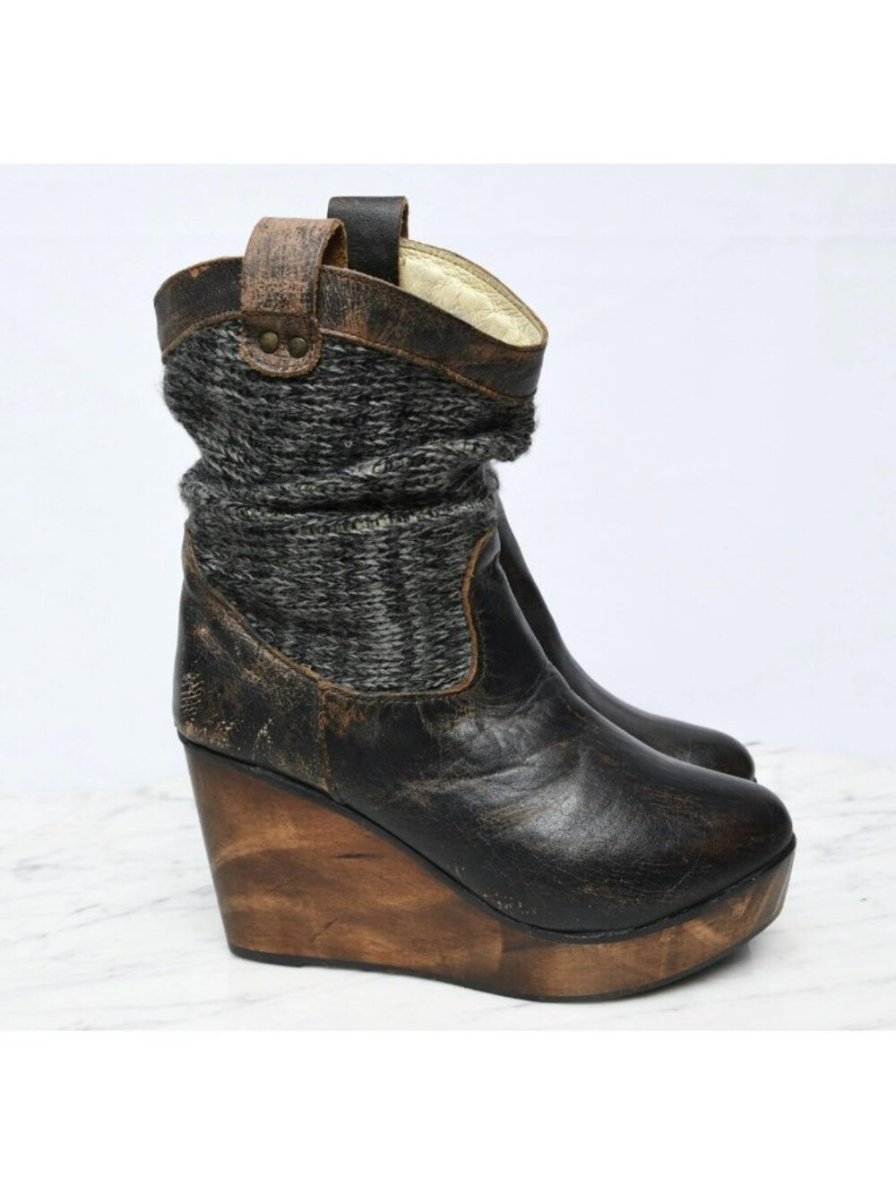 Bed Stu Bruges II Knit Slouch Leather Platform Wedge Boots Womens Size 8.5
